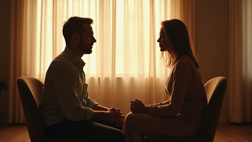 Vue rapprochée d’un couple discutant calmement dans un salon lumineux