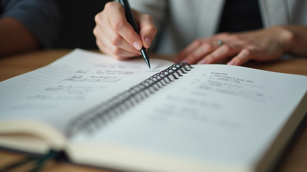 Vue rapprochée d’un carnet ouvert avec un stylo, symbolisant la prise de notes lors d’une séance de coaching