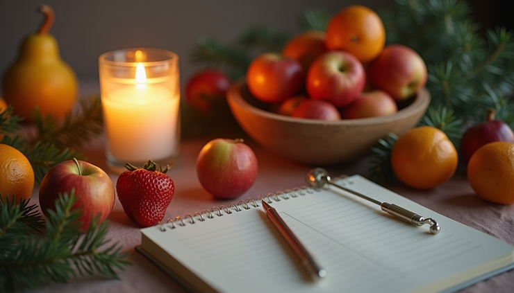 Vue rapprochée d’une table avec des fruits frais, une bougie allumée et un carnet de notes