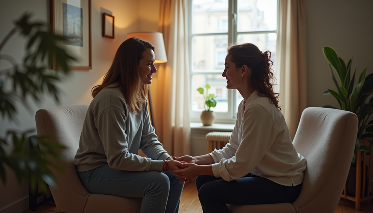 Vue rapprochée d’un couple assis face à un thérapeute dans un cabinet chaleureux