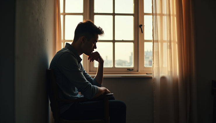 Vue en plongée d’une personne seule assise près d’une fenêtre, réfléchissant