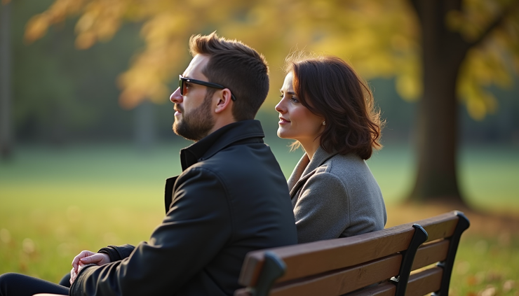 Vue rapprochée d’un couple assis côte à côte sur un banc dans un parc, regardant au loin