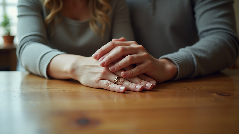 Vue en plongée d’un couple tenant les mains sur une table en bois