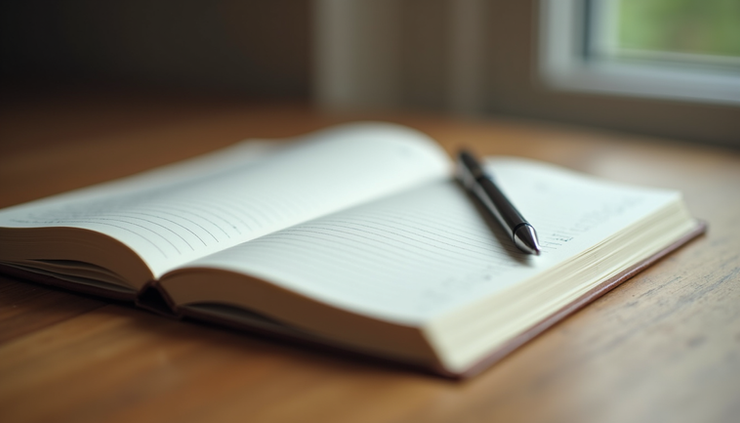 Vue rapprochée d’un carnet ouvert avec un stylo posé dessus, symbolisant la réflexion personnelle