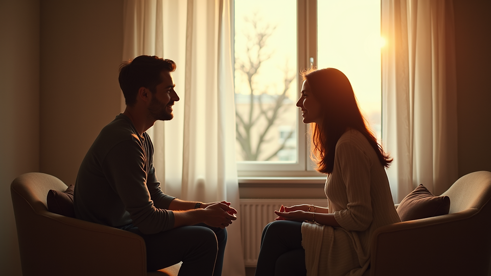 Vue rapprochée d’un couple discutant calmement dans un salon lumineux