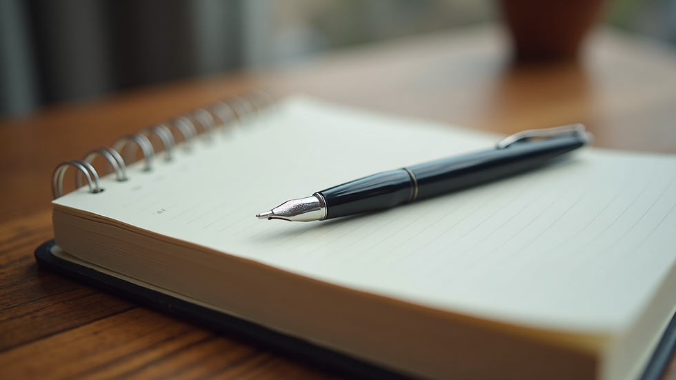 Vue en plongée d’un carnet de notes et d’un stylo sur une table, symbolisant la réflexion et le travail personnel