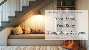 Cozy reading nook under stairs with cushions, bookshelves, and warm lighting. Text: Interior Design Inspiration - Your Home, Your Story Thoughtfully Designed.