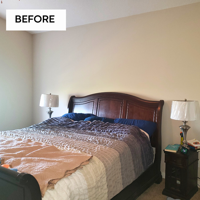Unstaged master bedroom with mismatched bedding, cluttered nightstands, and bare beige walls lacking warmth and visual appeal. 