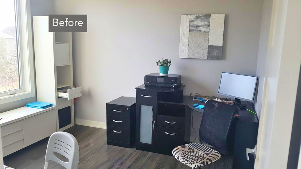 Before occupied home staging showing a cluttered home office with poor furniture layout and limited buyer appeal.