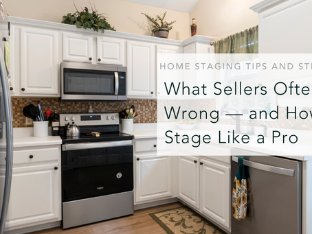 White kitchen with modern appliances, plants atop cabinets, and a rug. Text reads: "What Sellers Often Get Wrong and How to Stage Like a Pro."