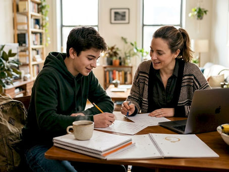 NYC student and tutor working at kitchen table