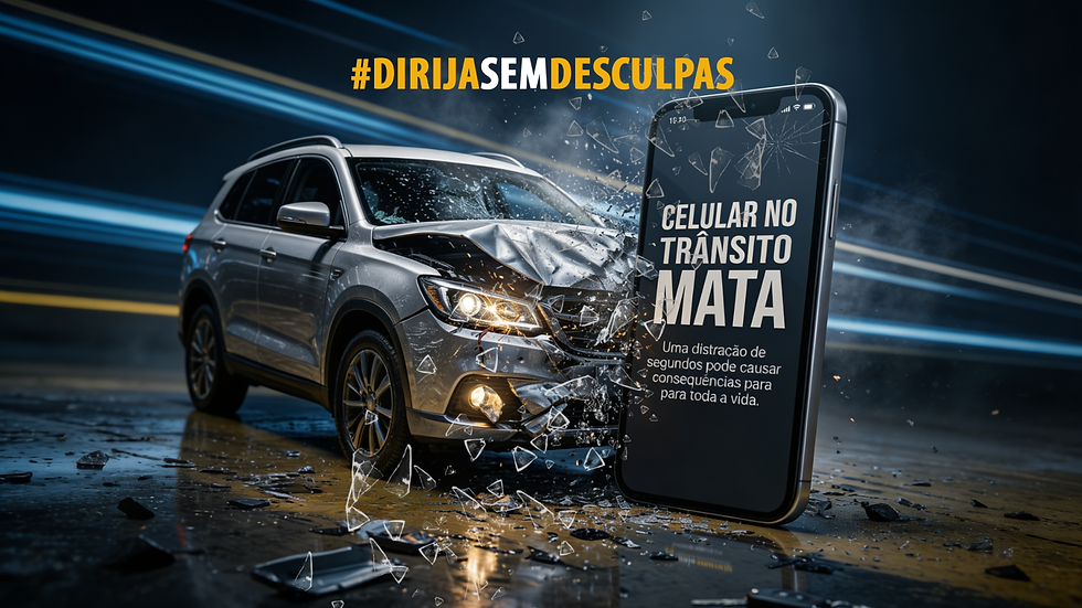 Peça da campanha Dirija Sem Desculpas 2026, do Centro Médico Ipiranga, alinhada ao Maio Amarelo, com alerta sobre os riscos do uso do celular ao volante e as consequências dos acidentes de trânsito.