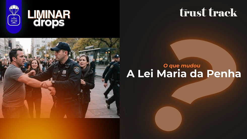 Cartaz em preto e laranja com policial segurando homem na rua; o que mudou na Lei Maria da Penha.