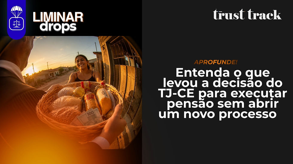 Banner com mulher recebendo pensão e medida protetiva ao pôr do sol e textos “LIMINAR drops”, “trust track” e “TJ-CE”.