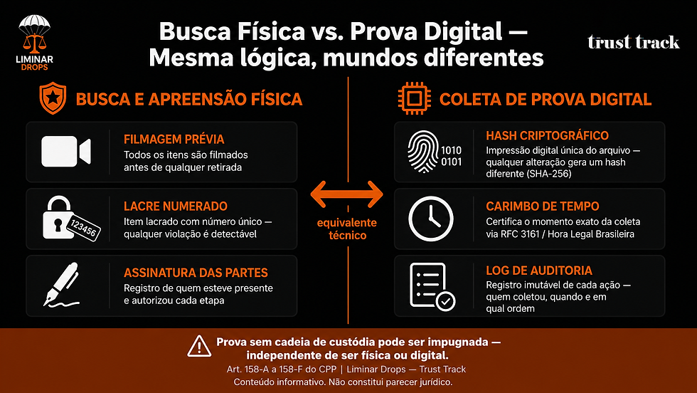 Infográfico jurídico: busca e apreensão física vs. coleta de prova digital — filmagem prévia, hash criptográfico, cadeia de custódia e impugnação de prova no processo penal