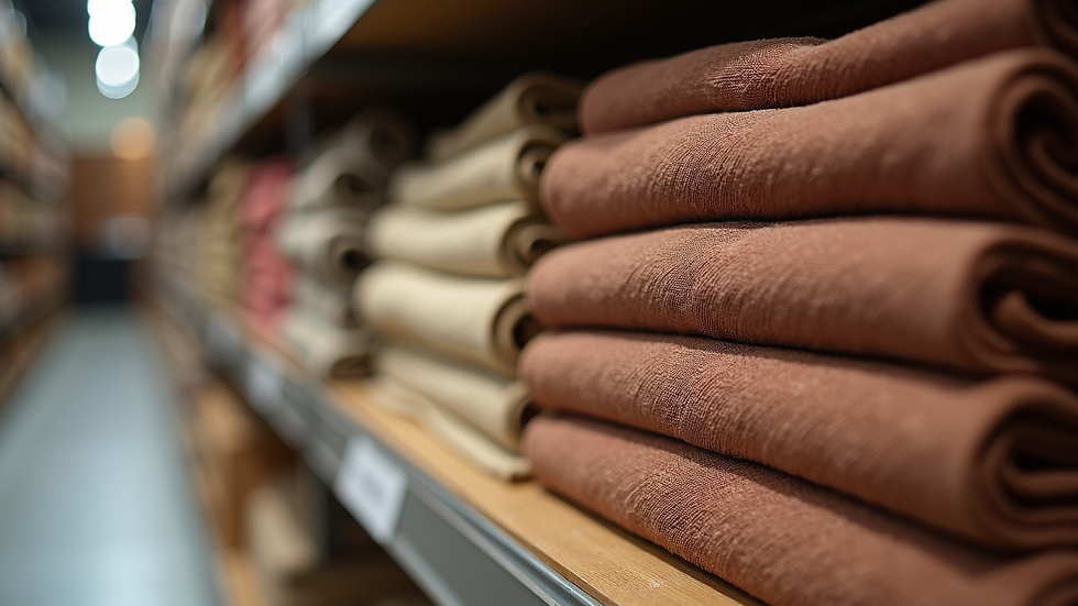 Eye-level view of a fabric store shelf displaying various luxury textiles
