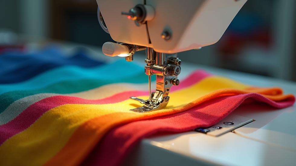 High angle view of a sewing machine stitching colorful fabric pieces