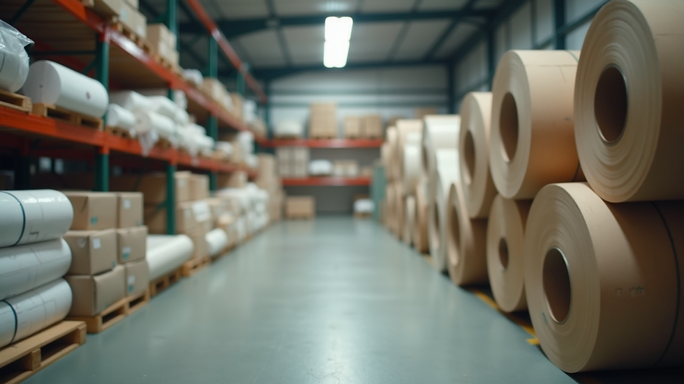 High angle view of eco-friendly M fabric rolls stacked in a warehouse