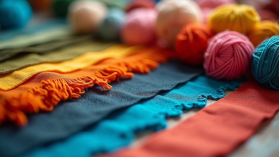 Eye-level view of colorful crafting materials including fabric and yarn