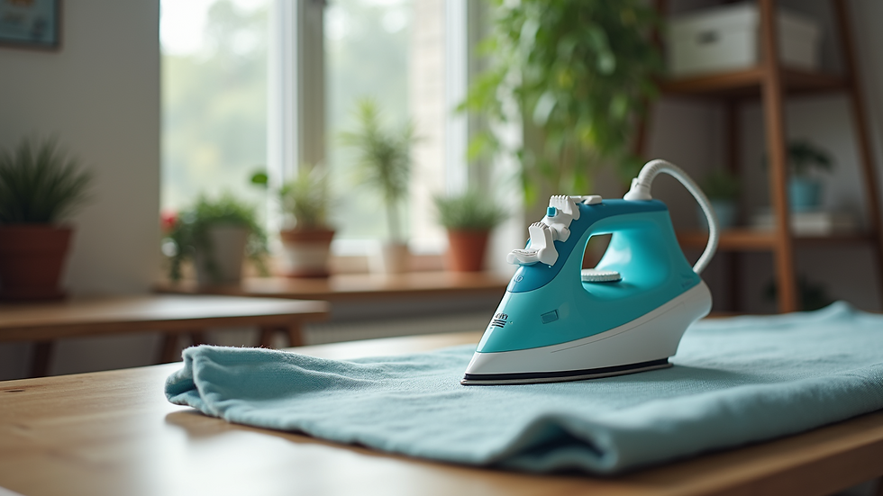 Eye-level view of a sewing workspace with an iron and ironing board