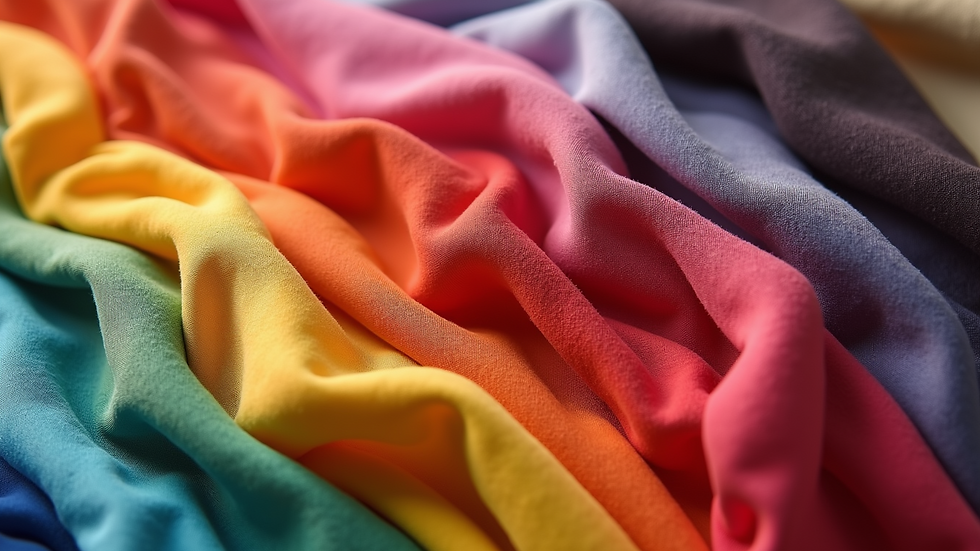 Close-up view of various fabric swatches in vibrant colors