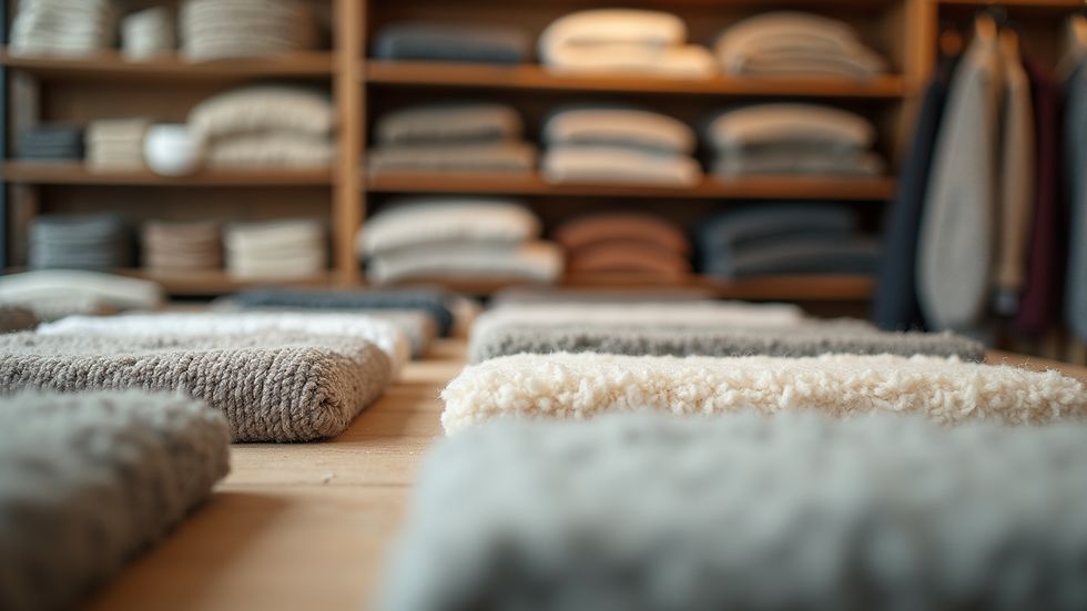 Eye-level view of a textile shop displaying various fabrics including modal and mohair