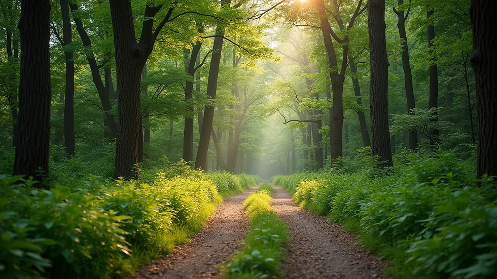 Eye-level view of a serene path through a lush green forest