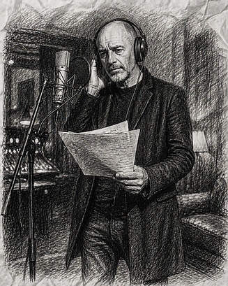 FRED en studio devant un micro, casque sur l’oreille et feuilles de paroles en main, en croquis noir sur papier froissé.