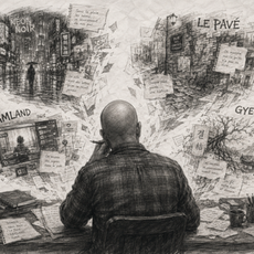 Fred vu de dos à sa table d’atelier, entouré de feuilles et de mondes flottants évoquant Néon Noir, Le Pavé, CAMLAND et Gyeol, pour l’article “Quand les chansons choisissent leur album” du blog FRED.