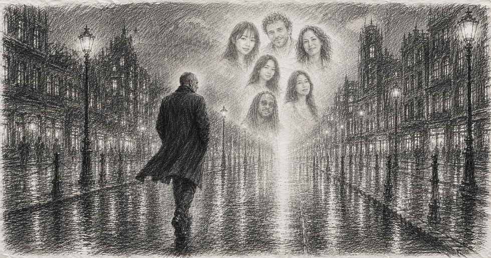 Illustration du single Néon Noir : FRED marche seul sous la pluie dans une rue nocturne, vers une lumière où apparaissent des visages en filigrane.