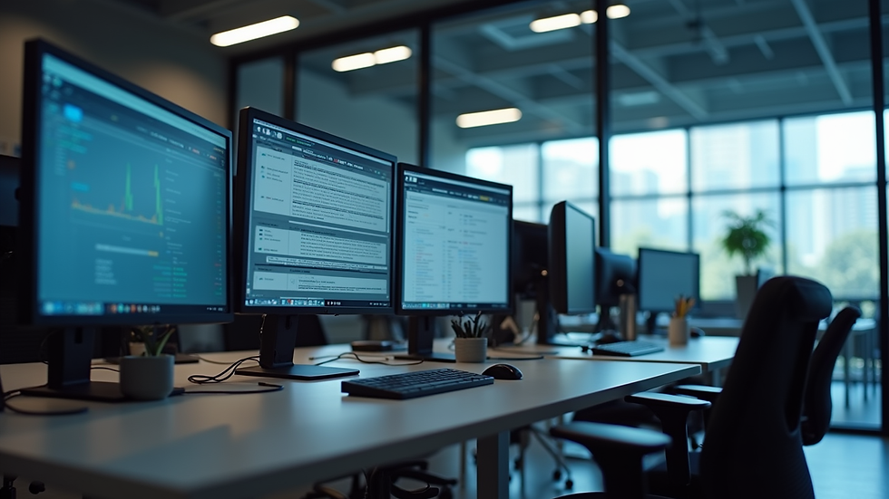 Eye-level view of a modern office with multiple computer screens showing staffing software