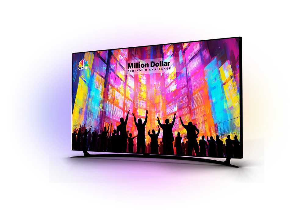 People celebrating near big screens with financial information