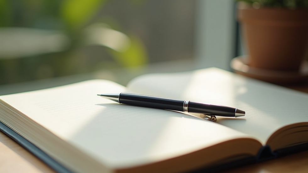 Close-up of a journal and pen on a desk with natural light