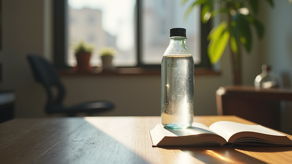 Close-up view of a water bottle and journal on a wooden table