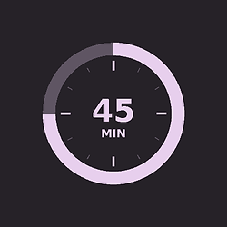 Clock graphic with three quarters of the dial filled in lavender and the number 45 in the center, representing a 45-minute presentation slot.