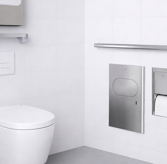 Waschraumausstattung für gewerbliche Räume - Ausschnitt mit Haltegriff, Toilettenpapier-Spender, Abfalleimer, Ablage und Toilettensitzabdeckungs-Spender