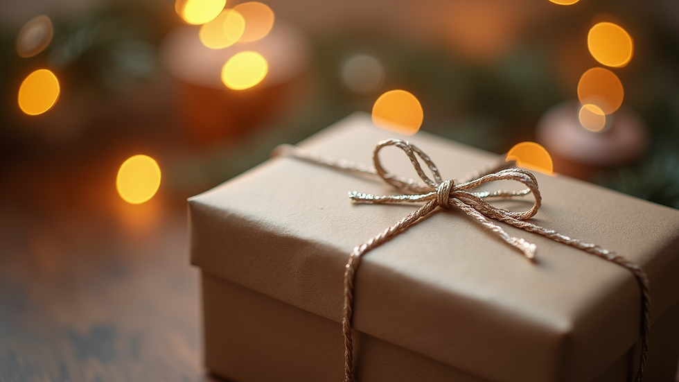 Eye-level view of a beautifully wrapped personalized gift box with a handwritten note