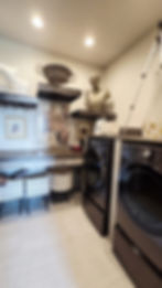 Laundry room with black washer, dryer, and classical sculptures.