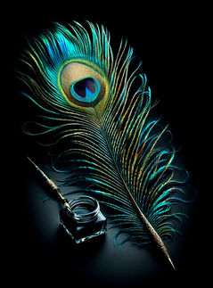 Peacock Feather and quill pen on the cover of a black paper notebook.