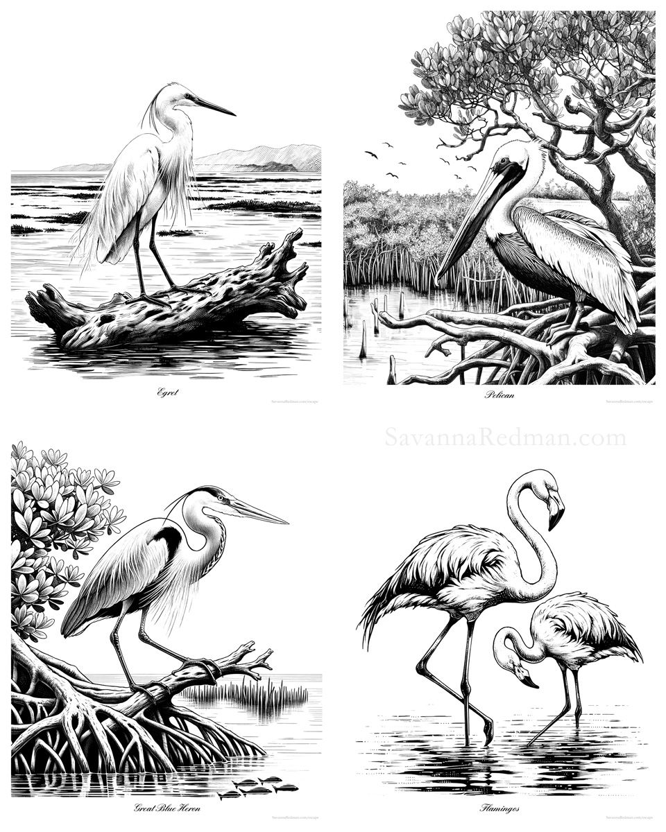 Set of 4 Coloring Pages: Egret, Pelican, Great Blue Heron, Flamingos. Downloadable PDF