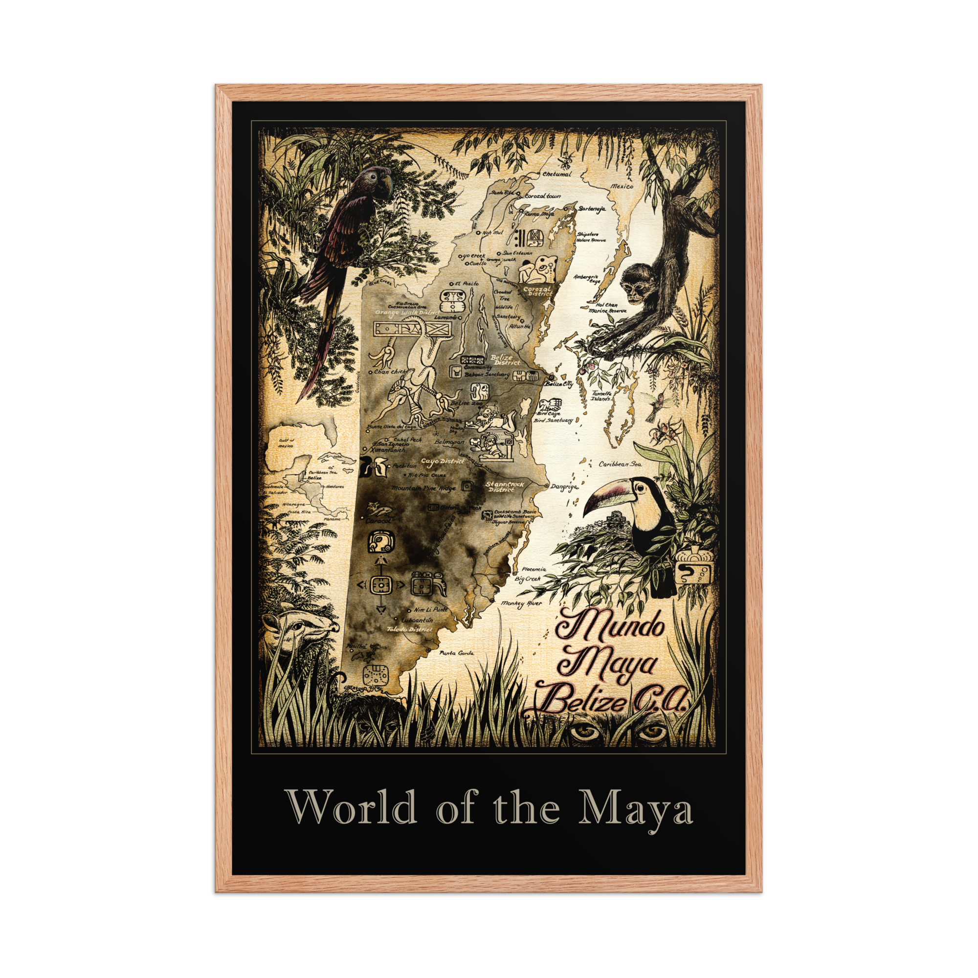 World of the Maya Belize - Travel Poster Framed in Red Oak