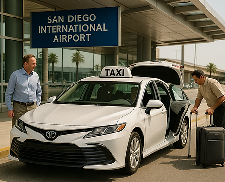 Finish Line Taxi dropping off a smiling passenger at San Diego Airport after a ride from Temecula – professional, long-distan