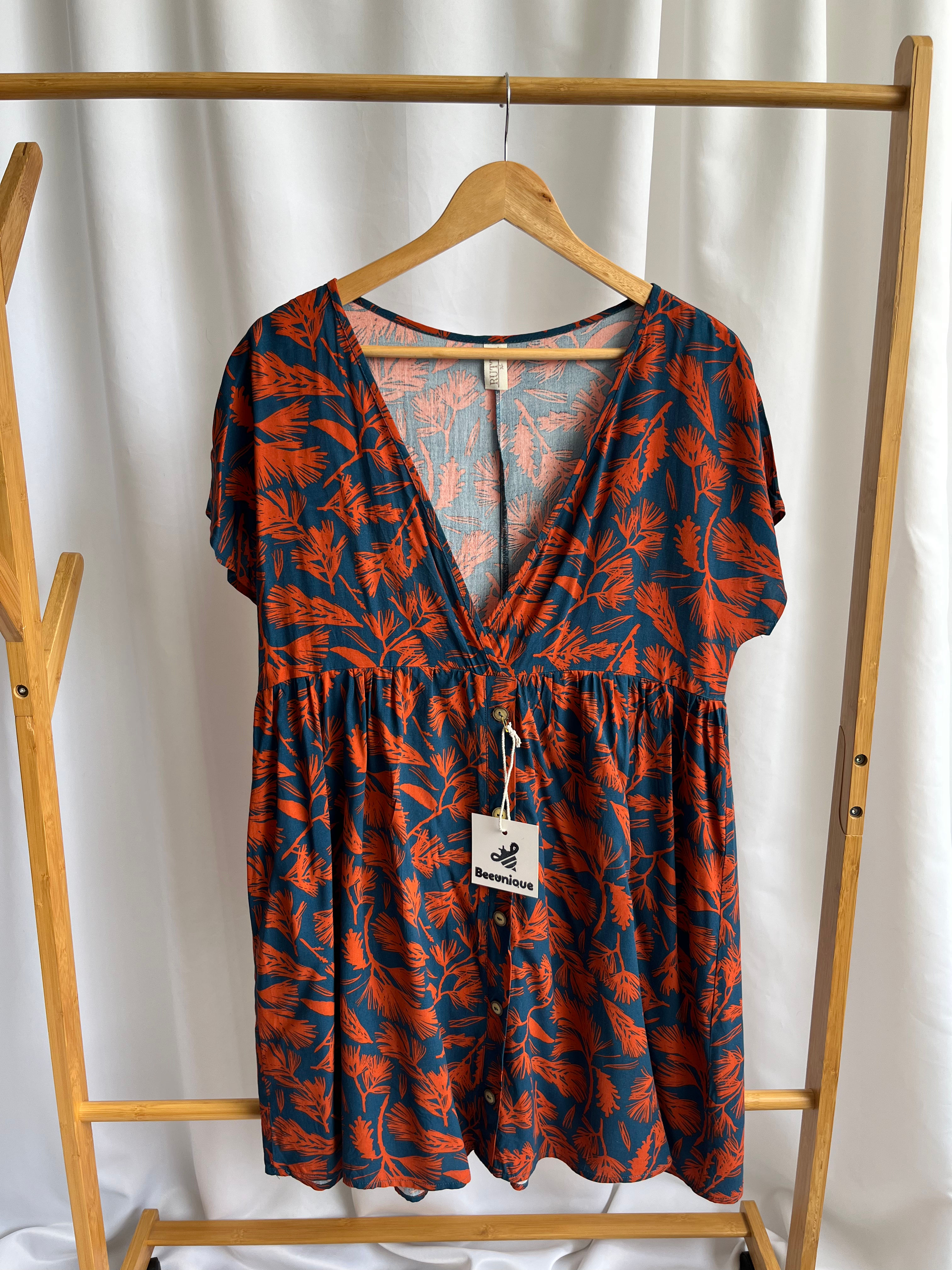 Vestido chalis azul-naranja oscuro hojas