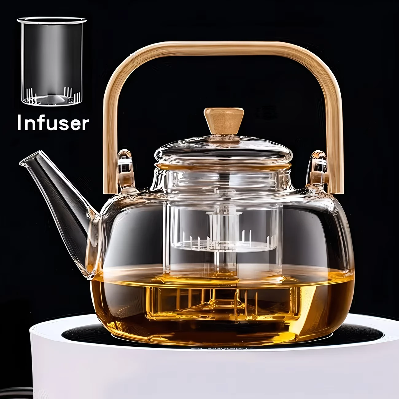 GLASS TEAPOT W/WOODEN HANDLE