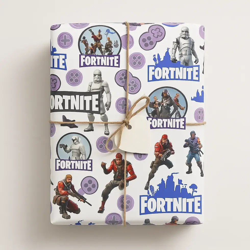 Fortnite gift wrap featuring popular characters and game icons perfect for gamer birthday presents
