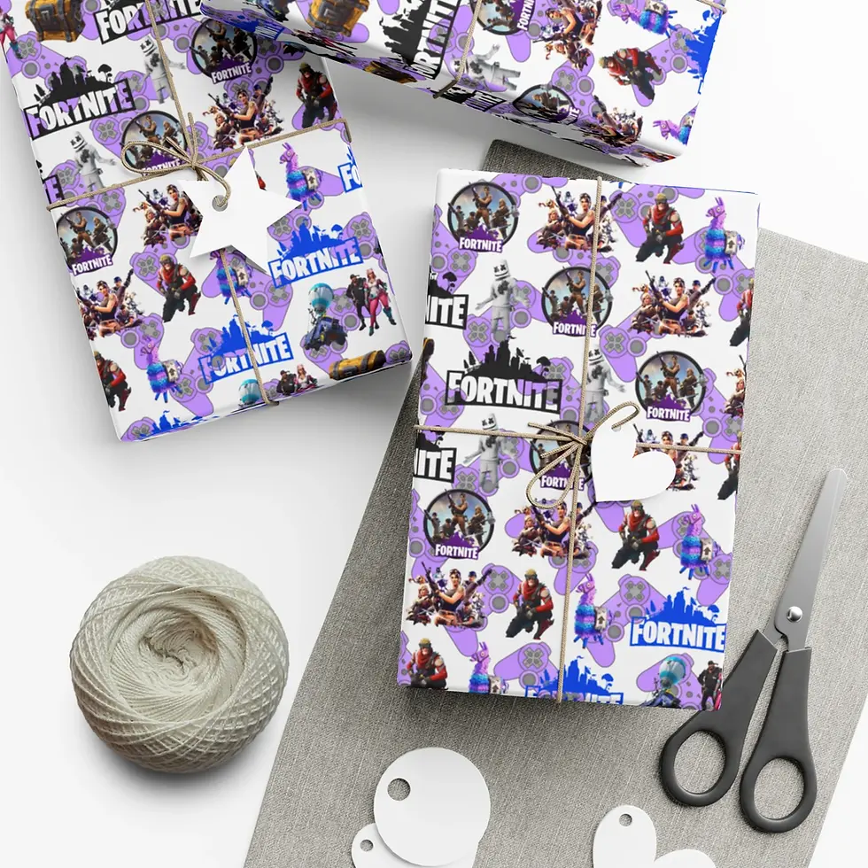Video game wrapping paper with Fortnite logo and skins ideal for kids and teens