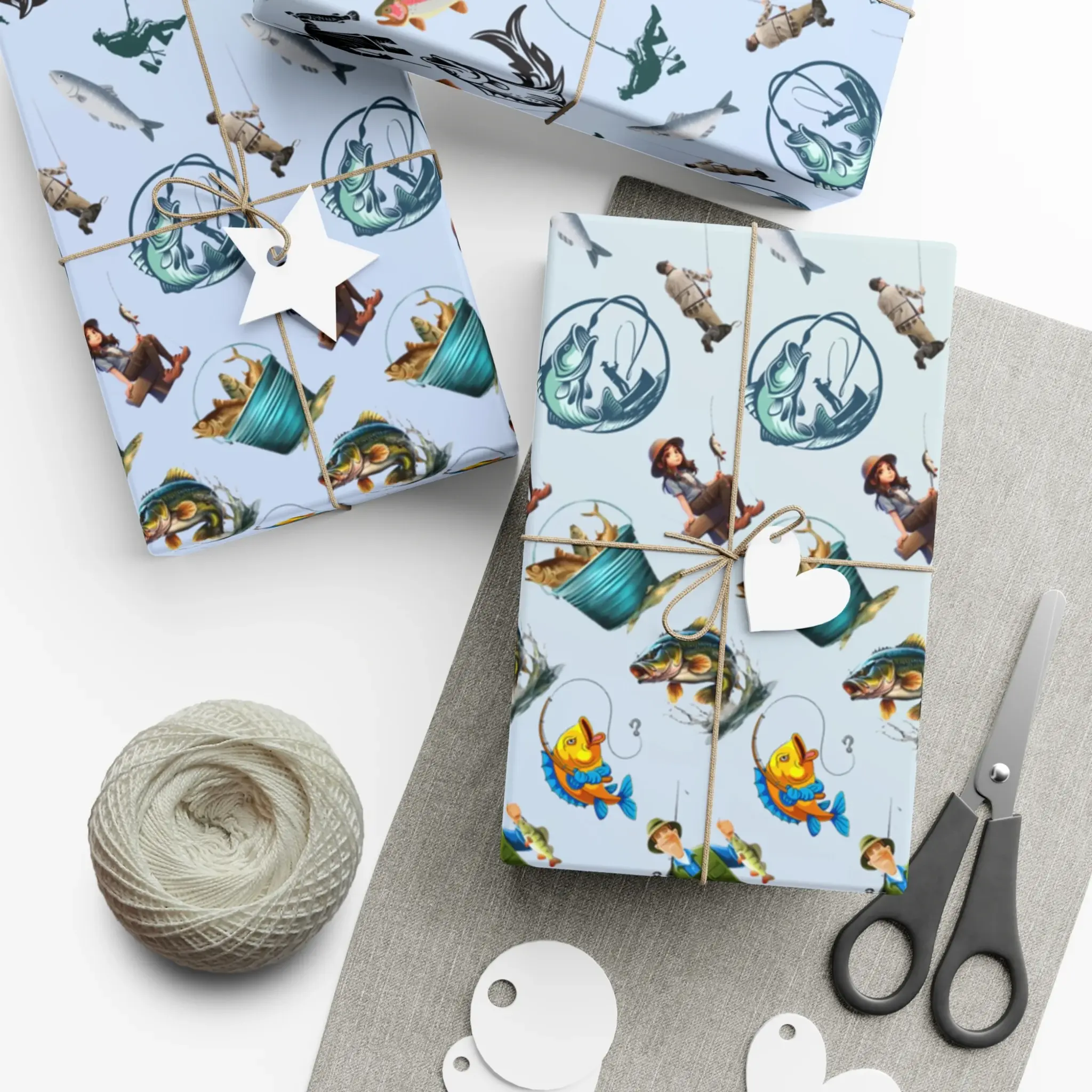 Fishing gift wrap with trout and bass design for Father's Day and birthdays