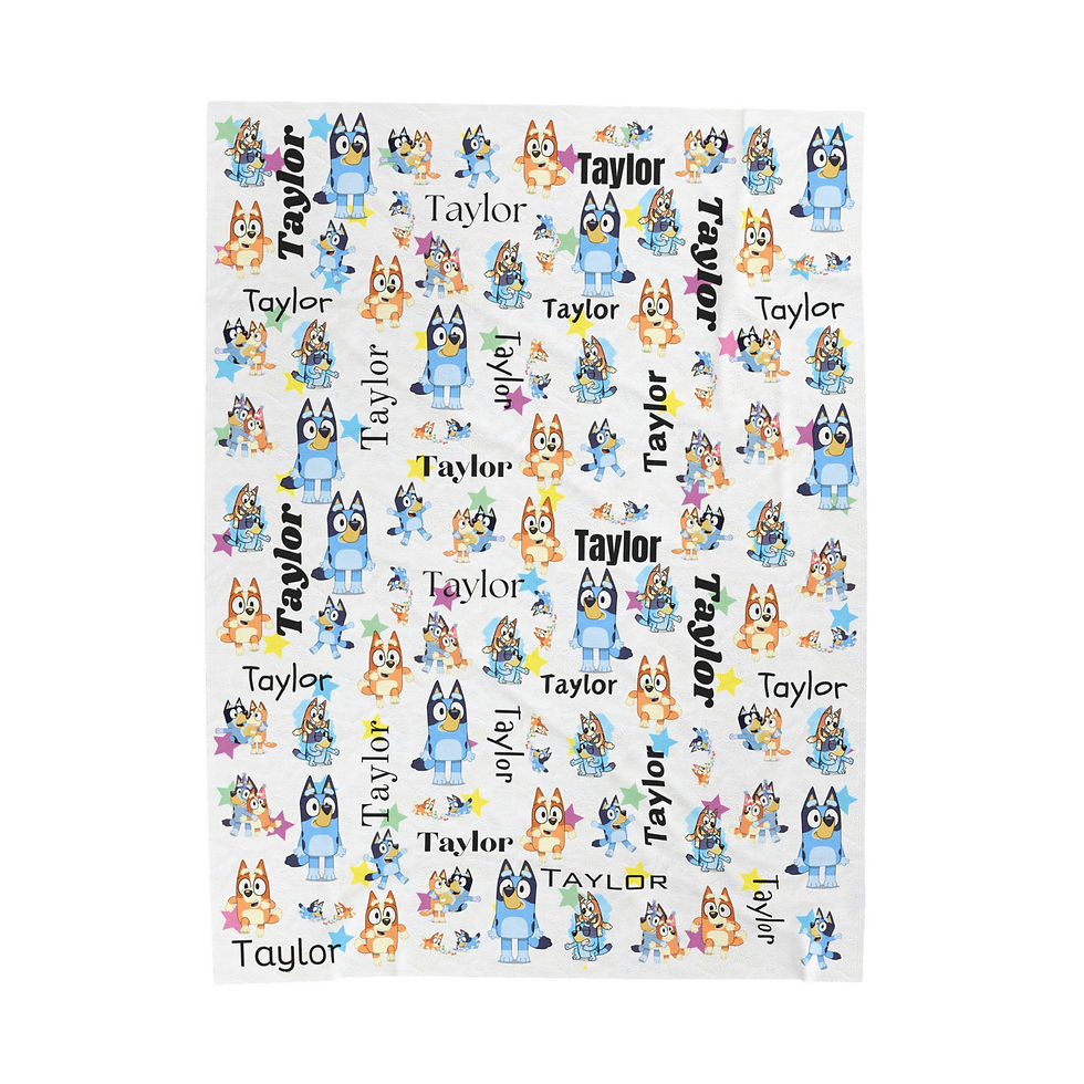 Soft Bluey-themed plush blanket with custom name