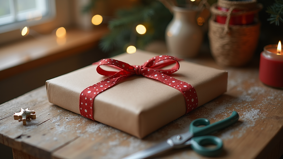 Close-up of a DIY holiday gift kit with crafting materials on a wooden table