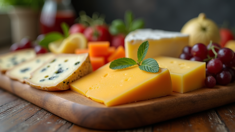 Eye-level view of a beautifully arranged cheese platter
